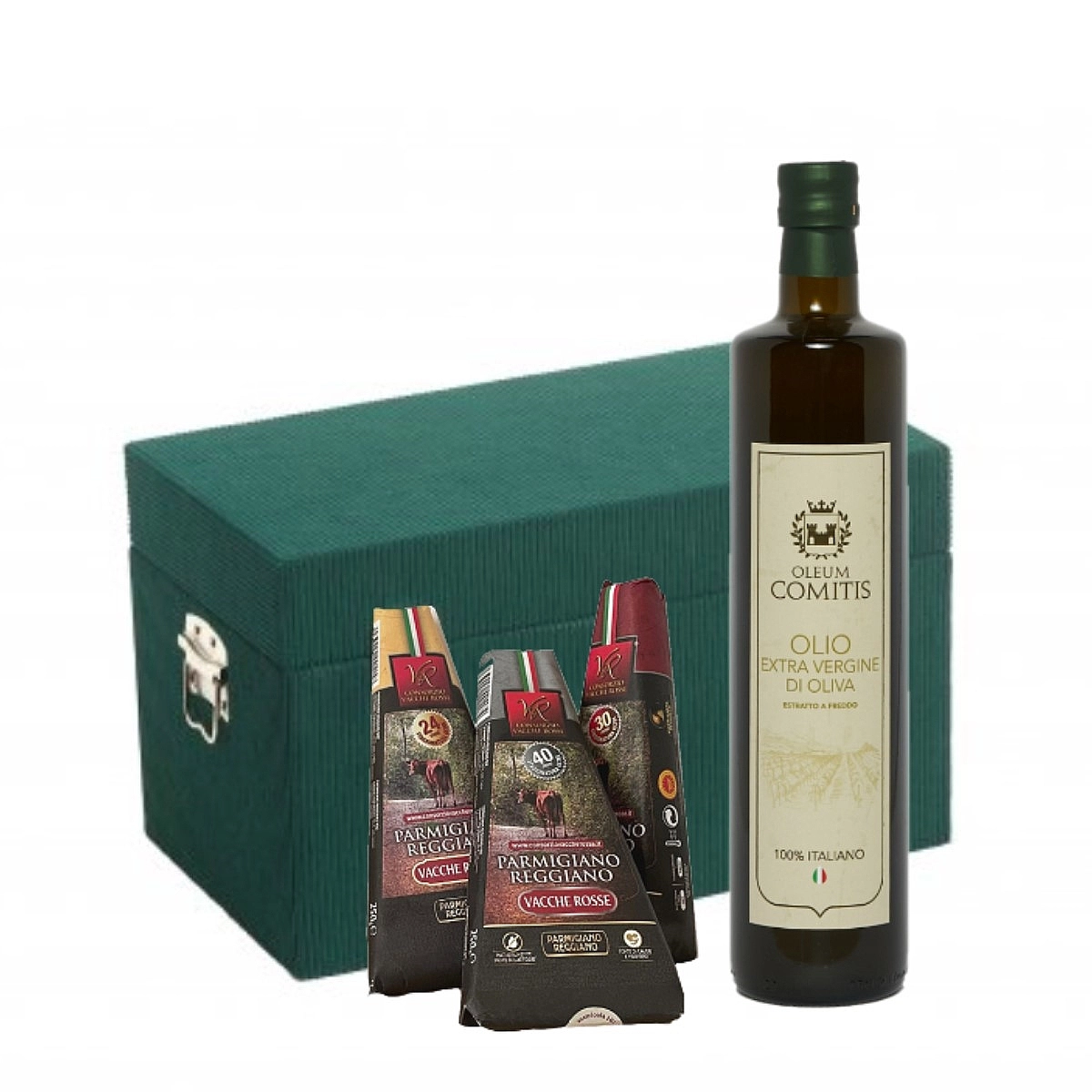 Olio Extra Vergine di Oliva - Cofanetto in Legno con Bottiglia da 750 ml e Parmigiano 3 Stagionature