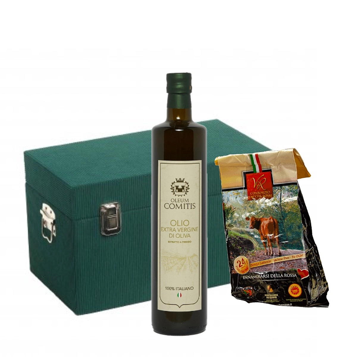 Olio Extra Vergine di Oliva - Cofanetto in Legno con Bottiglia da 750 ml e Parmigiano 24 Mesi