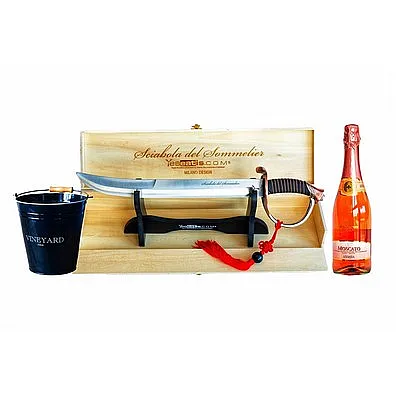 Kit inicial do Sabre do Sommelier com balde de gelo e garrafa de Moscato Rosè