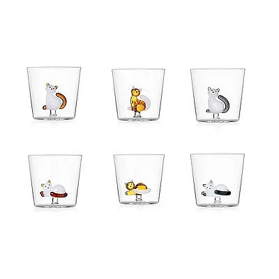 set of 6 tabby cat water glasses - design alessandra baldereschi